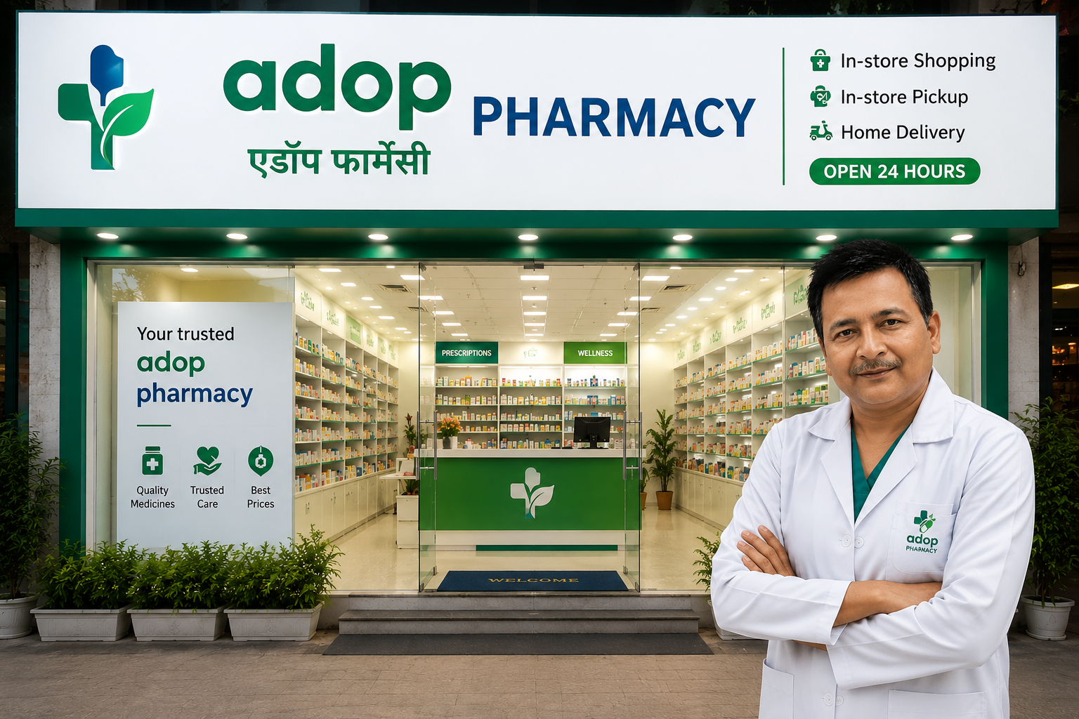 Adop Pharmacy storefront and pharmacist